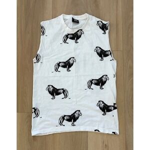 Vintage Stüssy Lion‎ Graphic Muscle Tank White Black 100% Cotton Streetwear Y2K